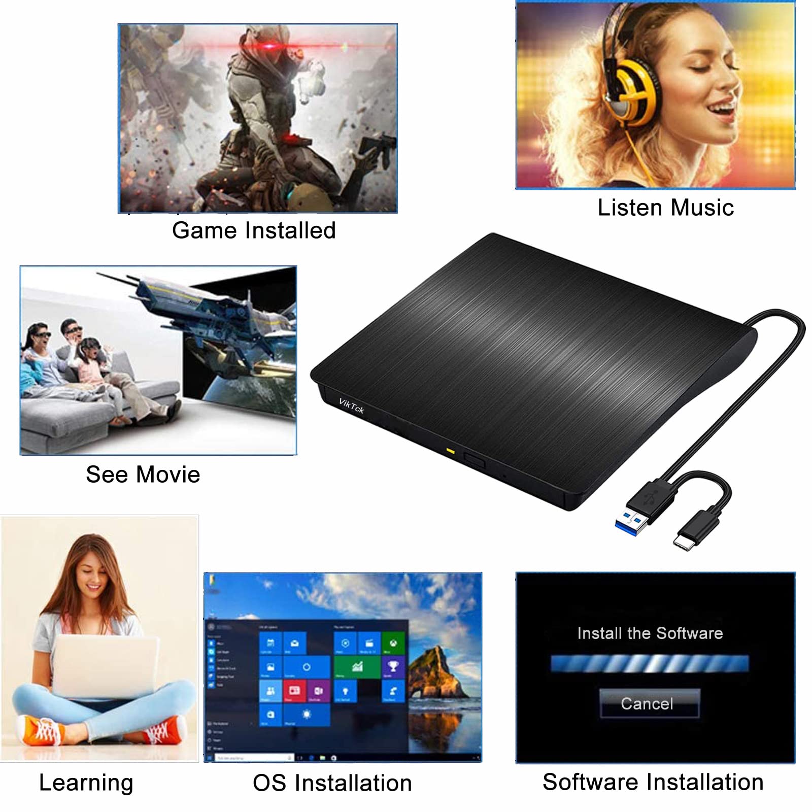 USB 3.0 przenośny zewnętrzny gniazdo CD/DVD-RW nagrywarka z wbudowanym kablem USB do MacBooka / laptopa / komputera stacjonarnego (czarny)