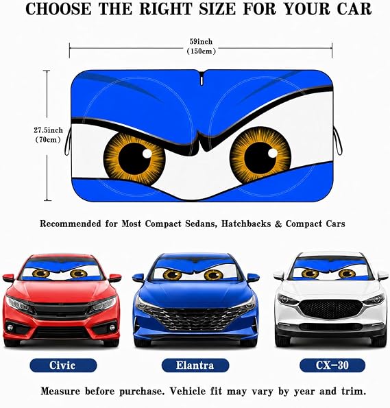 Car Windshield Sun Shade, Sunstrip Windscreen Cover, Car Sun Shade Funny Car Eyes Sun Visor for Car Windshield, Wear-Resistant Black Tape, Foldable 59''x27.5''63''x31.5''