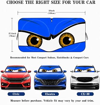 Car Windshield Sun Shade, Sunstrip Windscreen Cover, Car Sun Shade Funny Car Eyes Sun Visor for Car Windshield, Wear-Resistant Black Tape, Foldable 59''x27.5''63''x31.5''