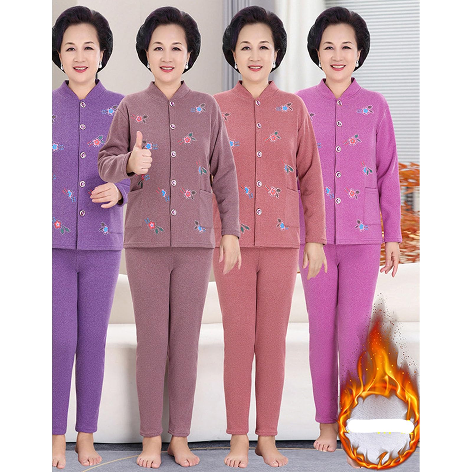 Abuela Mamá Mujeres De Edad Media Cardigan Pantalones Superiores Conjuntos Cálido Térmico Largo Johns Ropa Exterior Chaqueta Capa Base Pijama