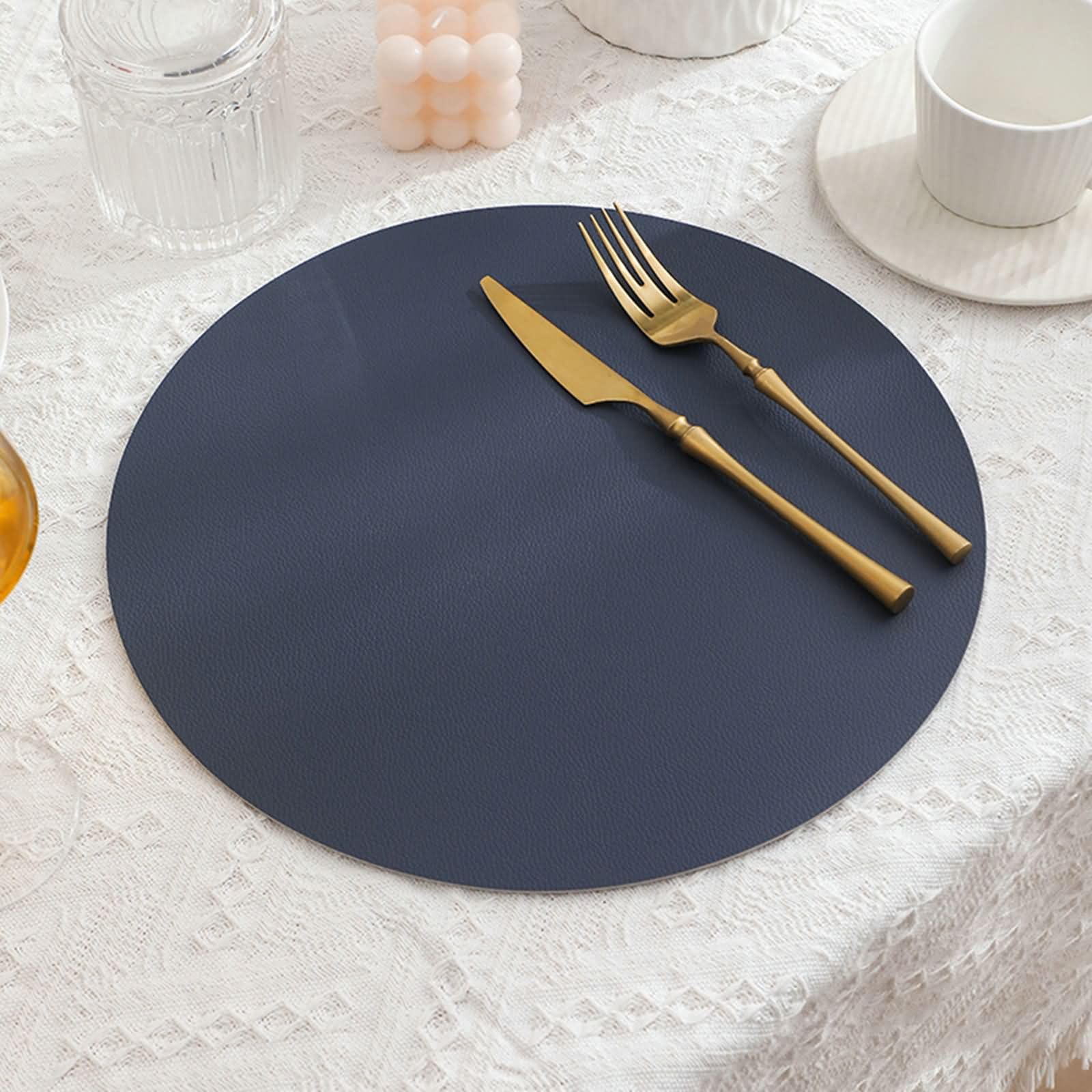 Tovagliette Antiscivolo 4 Pz, 32 CM Grigio Blu Tovagliette da Ristorante Rotonda Pelle, Tinta Unita Doppia Faccia con Rotondo