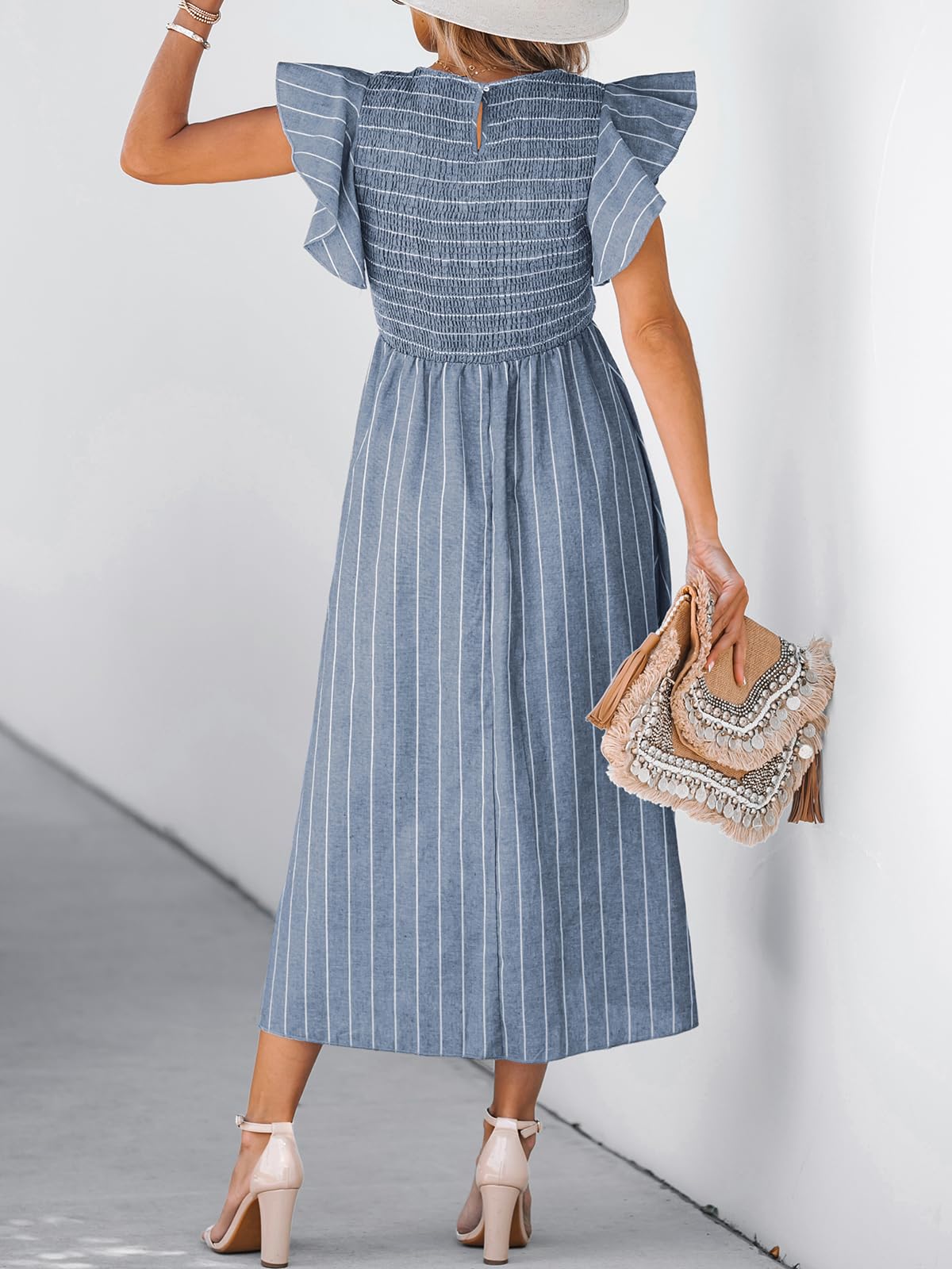 CUPSHE Damen Midi-Sommerkleid mit Karrée-Ausschnitt und Volantärmeln | Das elastische Smock-Oberteil passt sich flexibel an; der weit ausgestellte A-Linien-Rock fällt locker.