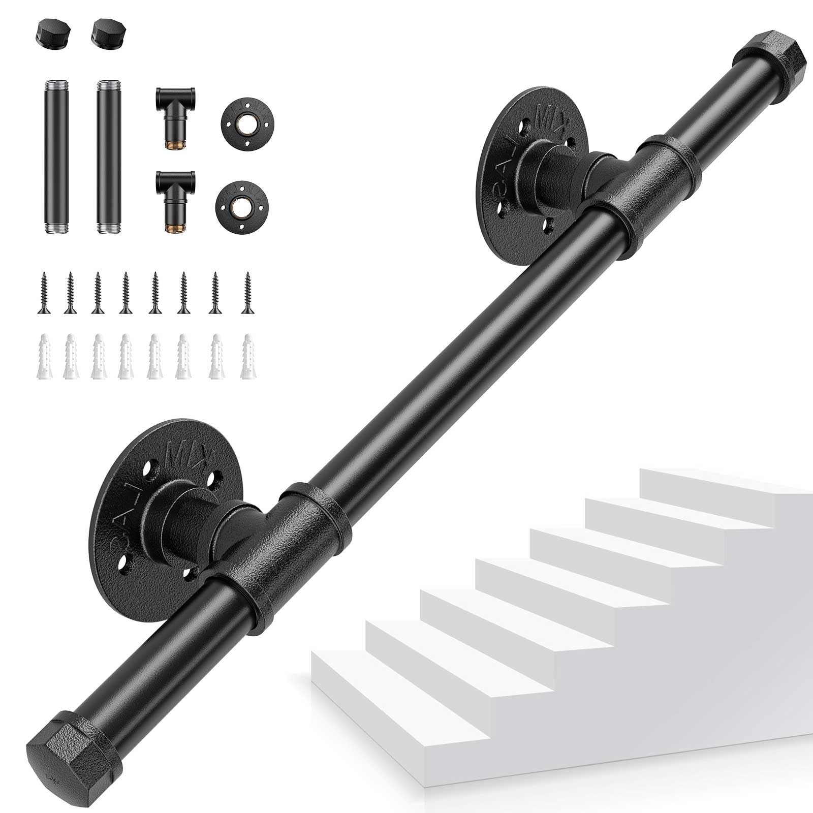 Pasamanos Escalera, 0,5M Pasamanos para Escaleras Interior Exterior, Pasamanos Negro con tubo de acero Galvanizado Industrial Antideslizante, Barandilla Escalera para Cocina Baño Jardín