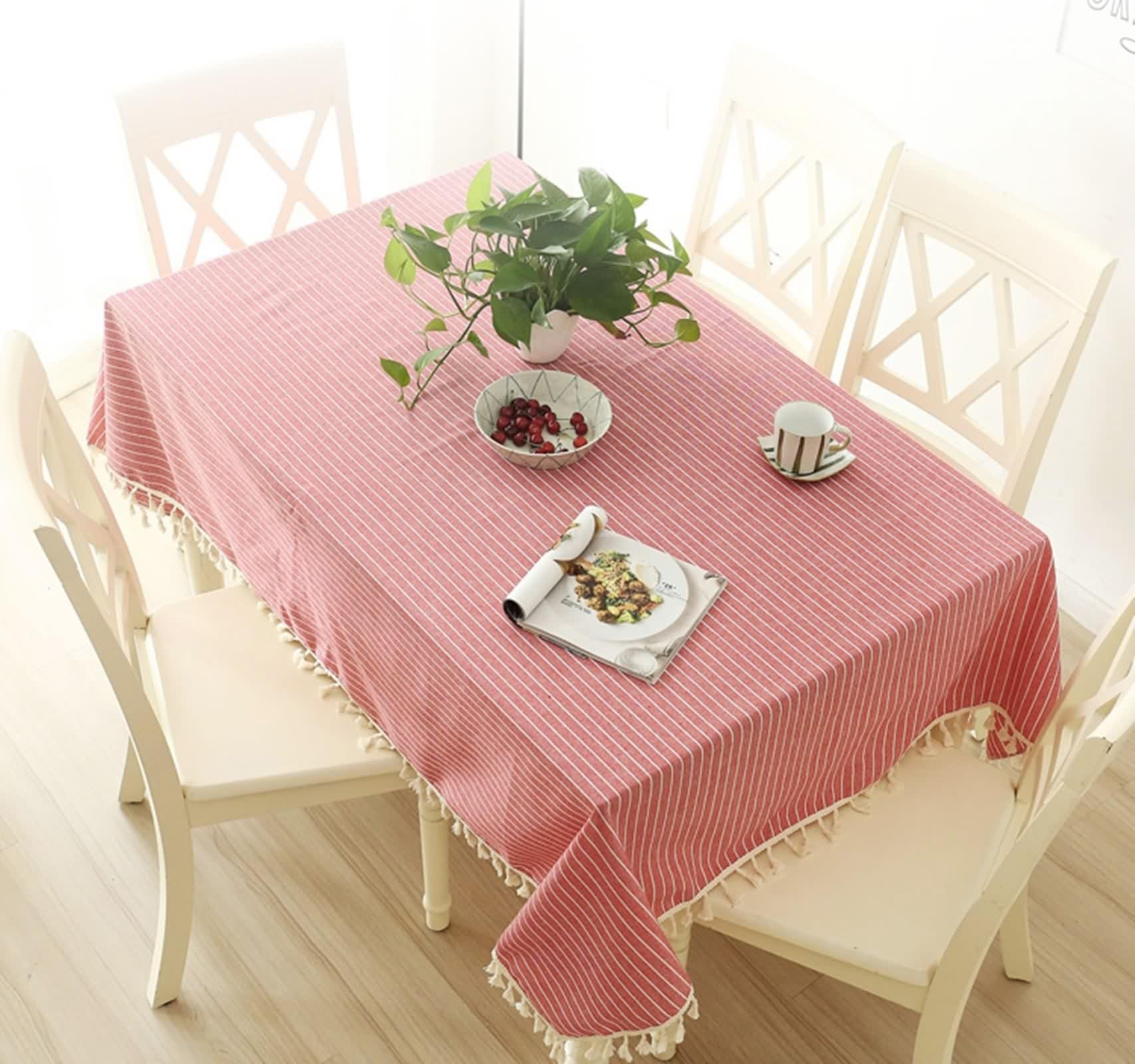 Copritavolo Rettangolare Mollettone, Tovaglia Rossa Moderna Cotone Lino Banda Decorativa 140X180CM per Soggiorno Cucina