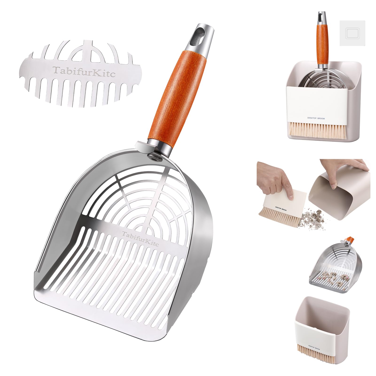 TabifurKitc Custom 40% Thicker Side Edges 304 Stainless Steel Metal Cat Litter Scoop with Holder Stand Small Broom & Dustpan - Durable, Anti-Break Handle