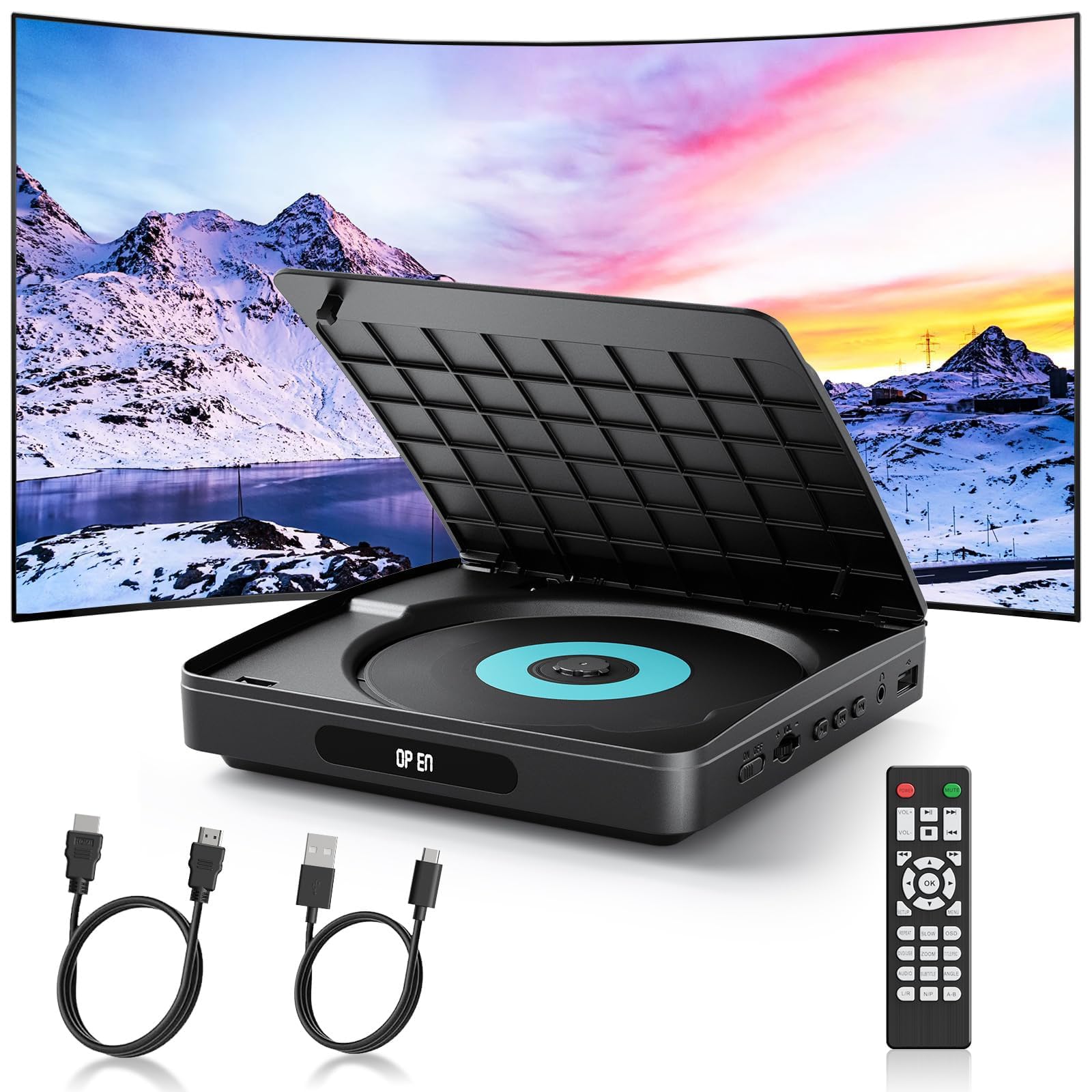Lettore DVD WOLFANG per TV con HDMI, 1080P Full HD Region Free, telecomando e cavo Type-C, lettore CD per impianto stereo domestico, porta USB 2.0
