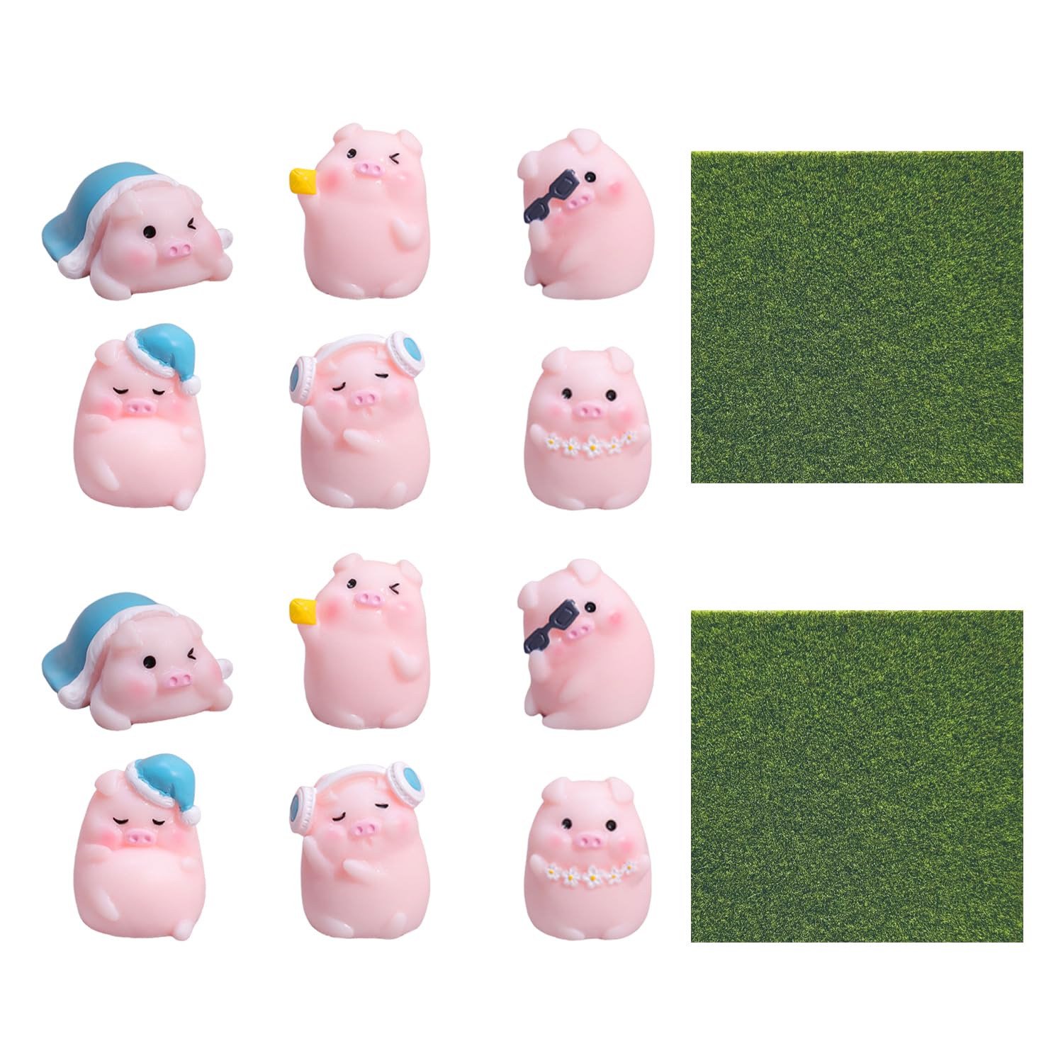 CYNOSURETECH 12 Cartoon Pig Ornaments And 1 Piece Of Simulated Moss, Creative Resin Crafts, Home Desktop Decoration, Car Interior Decoration