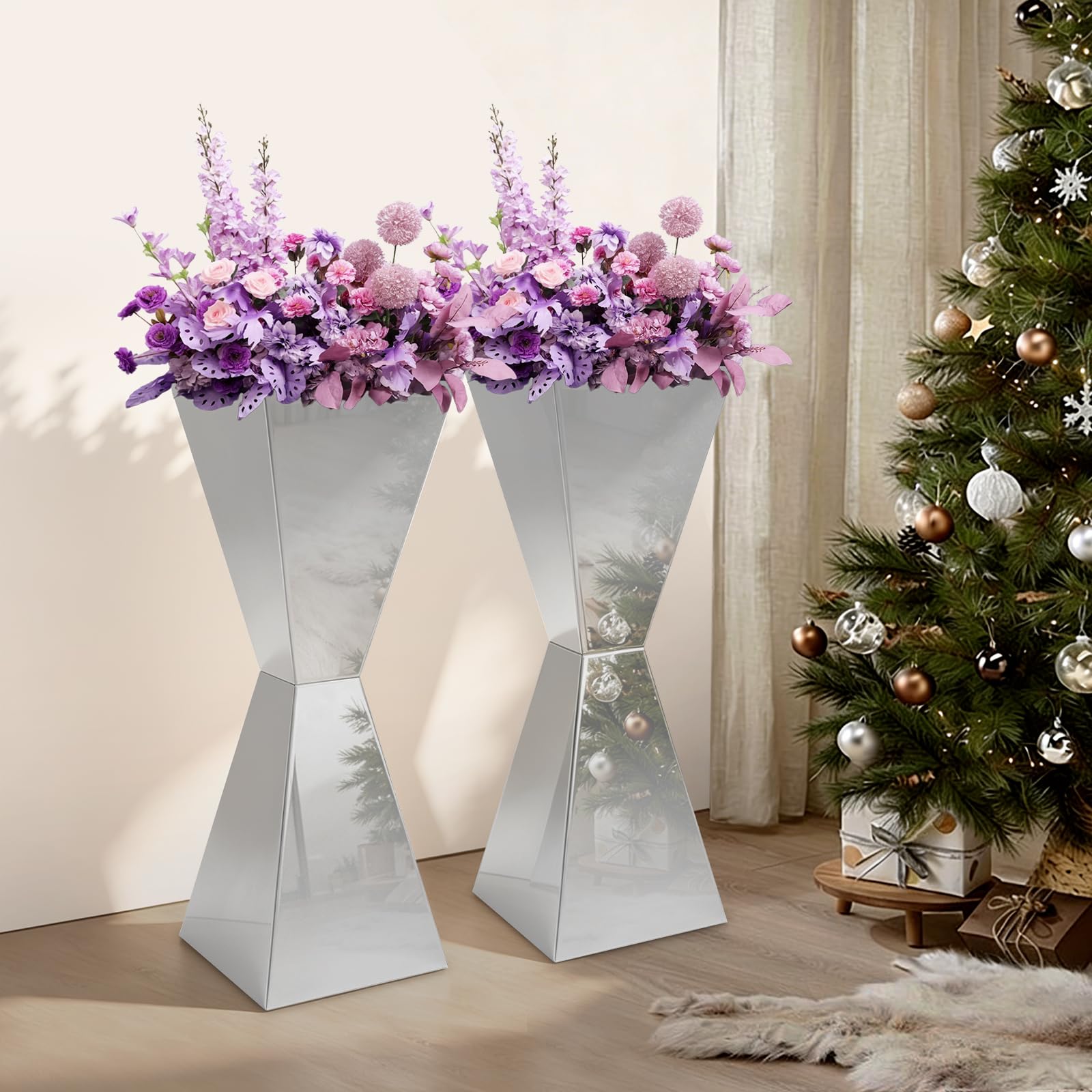2 soportes para flores de acero inoxidable, soporte para postres, decoración de mesa (plata) | Estantería para flores, mesa de flores, superficie pulida, para bodas y eventos, 28 x 28 x 80 cm