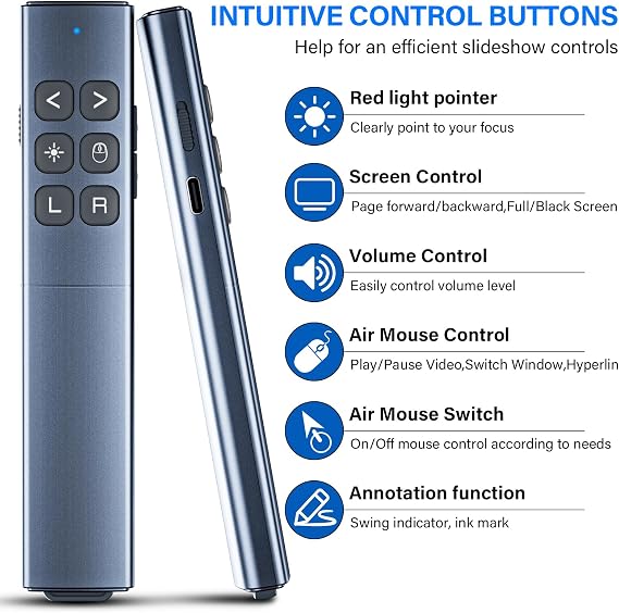 Presentation Clicker with Air Mouse - USB C Wireless Presenter Remote Clicker with Light Clicker, RF 2.4GHz PowerPoint Clicker for Presentation, Computer Clicker Slide Advancer for Mac,Laptop