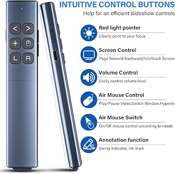 Presentation Clicker with Air Mouse - USB C Wireless Presenter Remote Clicker with Light Clicker, RF 2.4GHz PowerPoint Clicker for Presentation, Computer Clicker Slide Advancer for Mac,Laptop