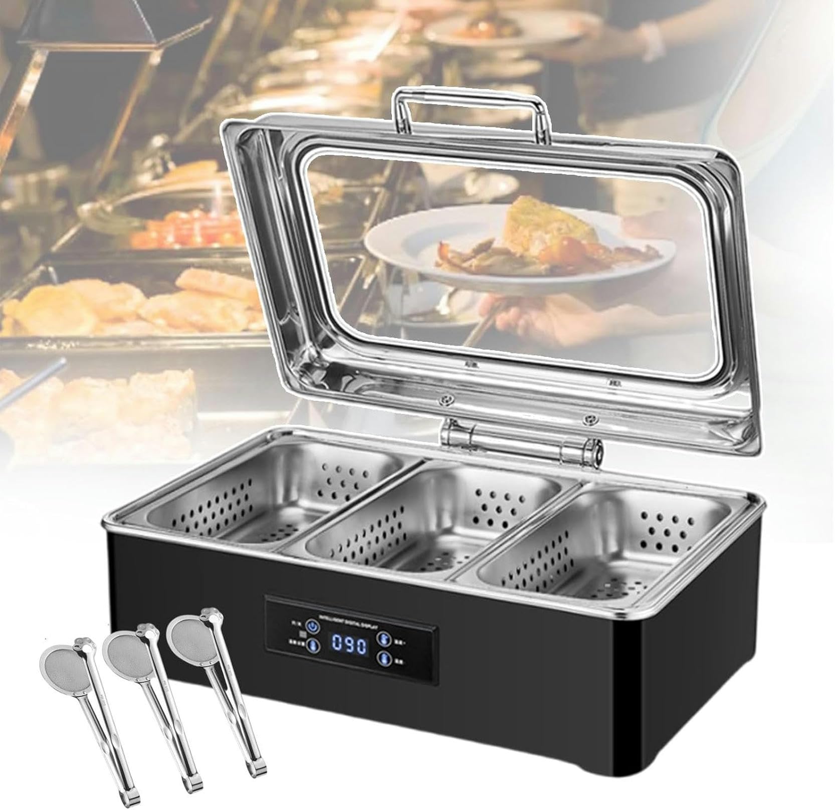 Calentadores eléctricos de alimentos para buffet, ideales para cafeterías. Calentador de acero inoxidable con tapa visible, 9 litros. Olla calentadora comercial para mantener la comida caliente.