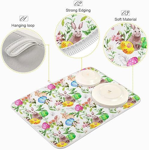 Miniatura 4 de Tapete de secado de platos de conejo para cocina, huevos de Pascua, flores de primavera, tapete de secado de microfibra, absorbente y reversible,