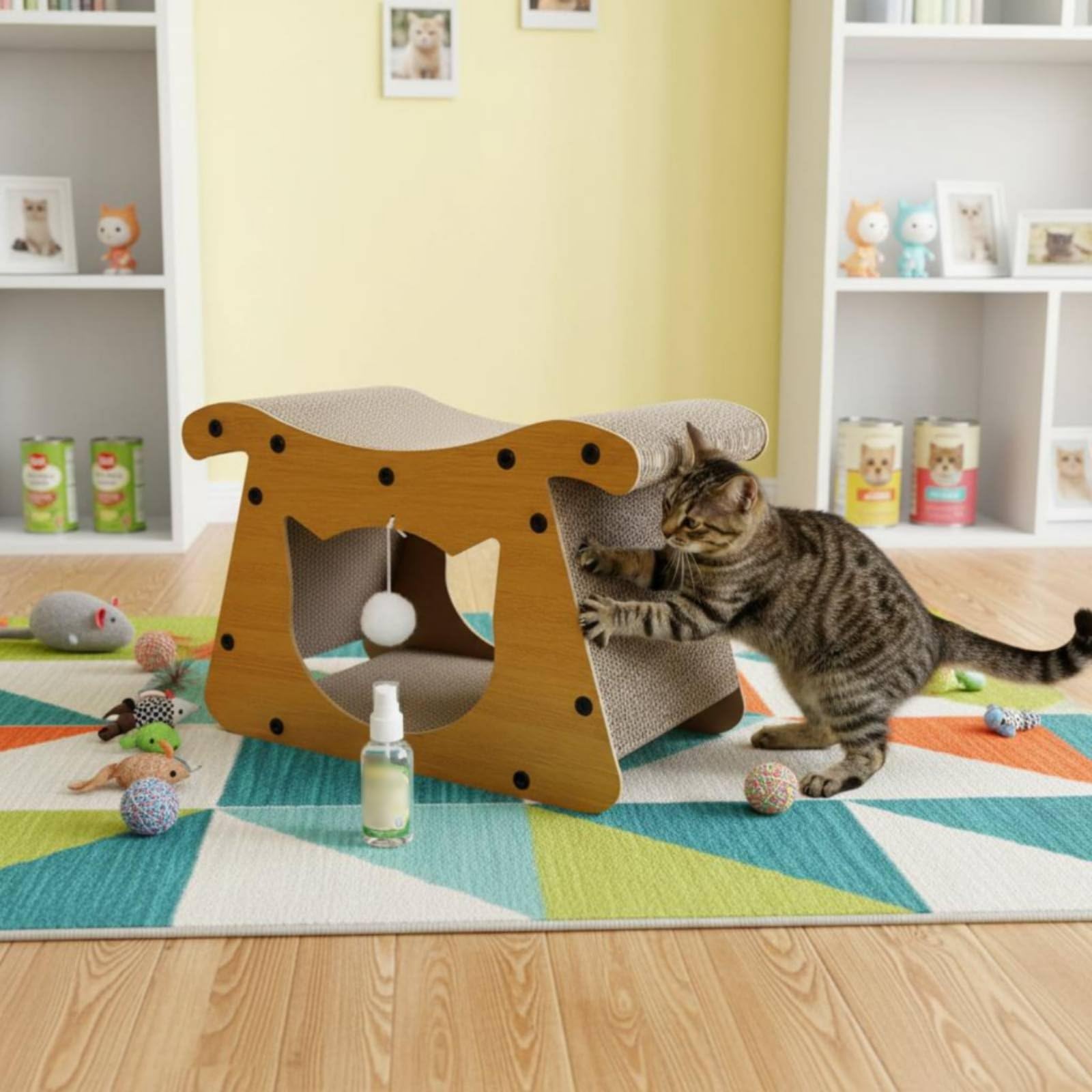 Lit Griffoir pour Chat Maison Grattoir Couchage Aire de Détente Surface Texturée en Carton Ondulé Structure pour Usage Fréquent Jouet Suspendu pour, 24 Cm