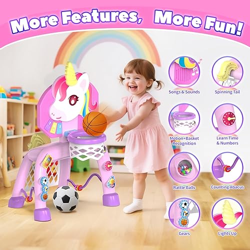 Miniatura 3 de Aro de baloncesto y portería de fútbol para niños pequeños, juguete para bebés para niñas de 1, 2 y 3 años, juguetes de centro de actividades para