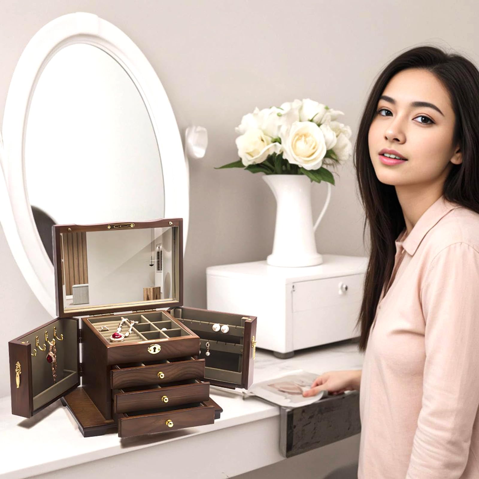 Portagioie in legno, vintage, con cassetti, organizer per gioielli