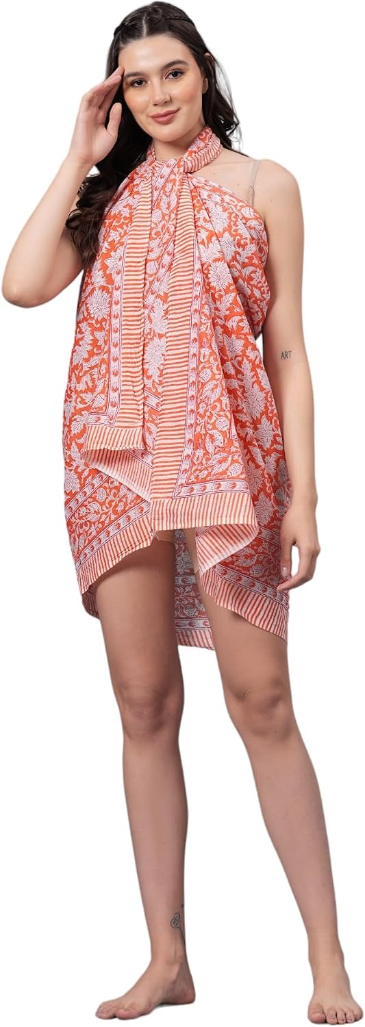 Women's Short 100% Cotton Hand Block Sarongs Beach Wrap Sheer Bikini Colors Wraps Chiffon Cover Ups for Swimwear Sarong Skirt image 4