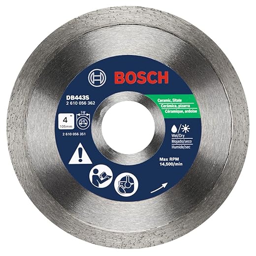 BOSCH DB743S 7 In. Standard Continuous Rim Diamond Blade with 5/8 In. Arbor for Clean Cut Wet/Dry Cutting Applications in Tile, Ceramic, Slate