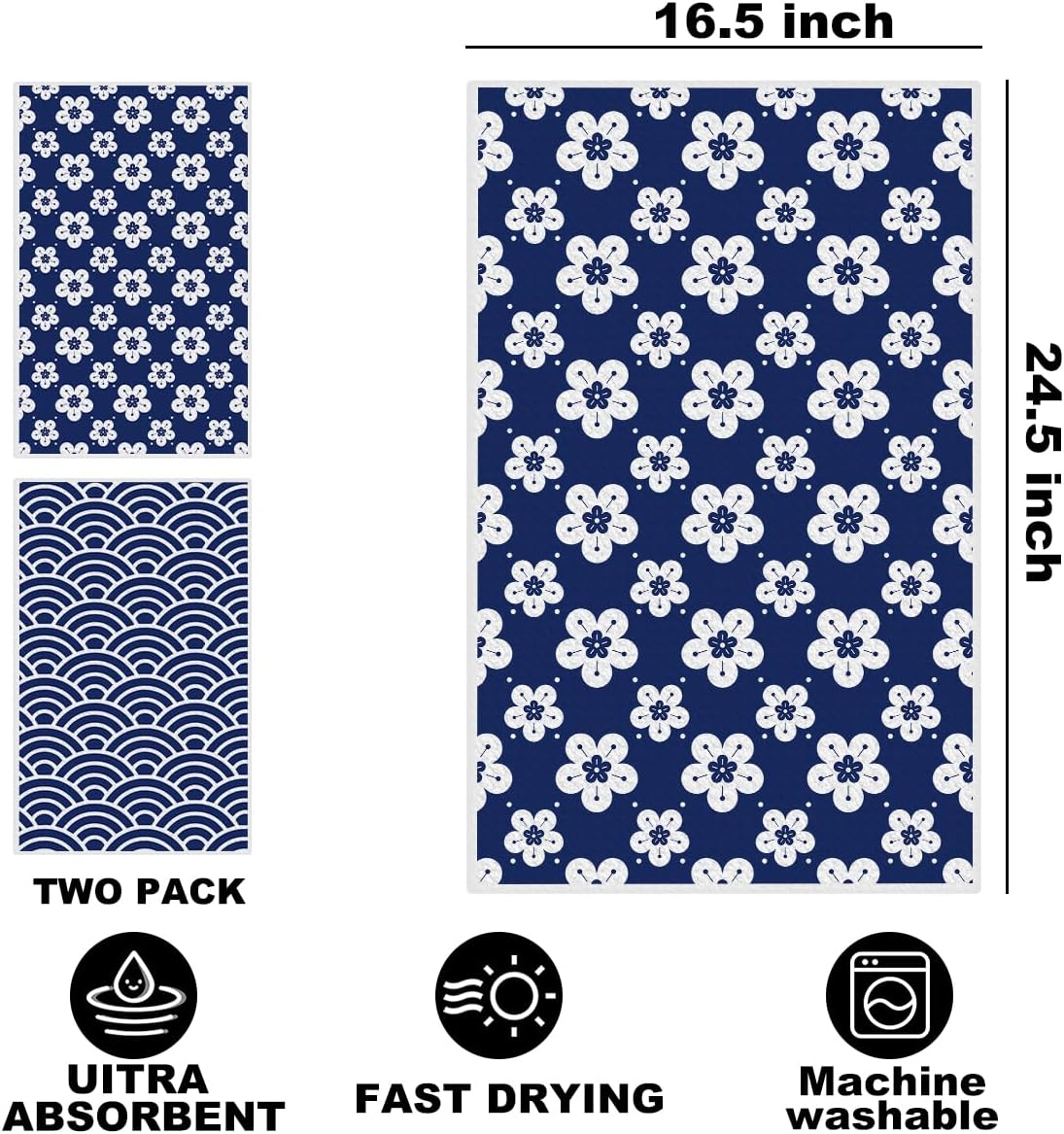 2Pcs Japanese Style Kitchen Towels 24x14 Inch, Wave Flower Seamless Pattern Waffle Hand Towels for Kitchen Home Decor, Durable Absorbent Microfiber Dish Cloth Tea Towel, Housewarming Gifts for Women - Image 2