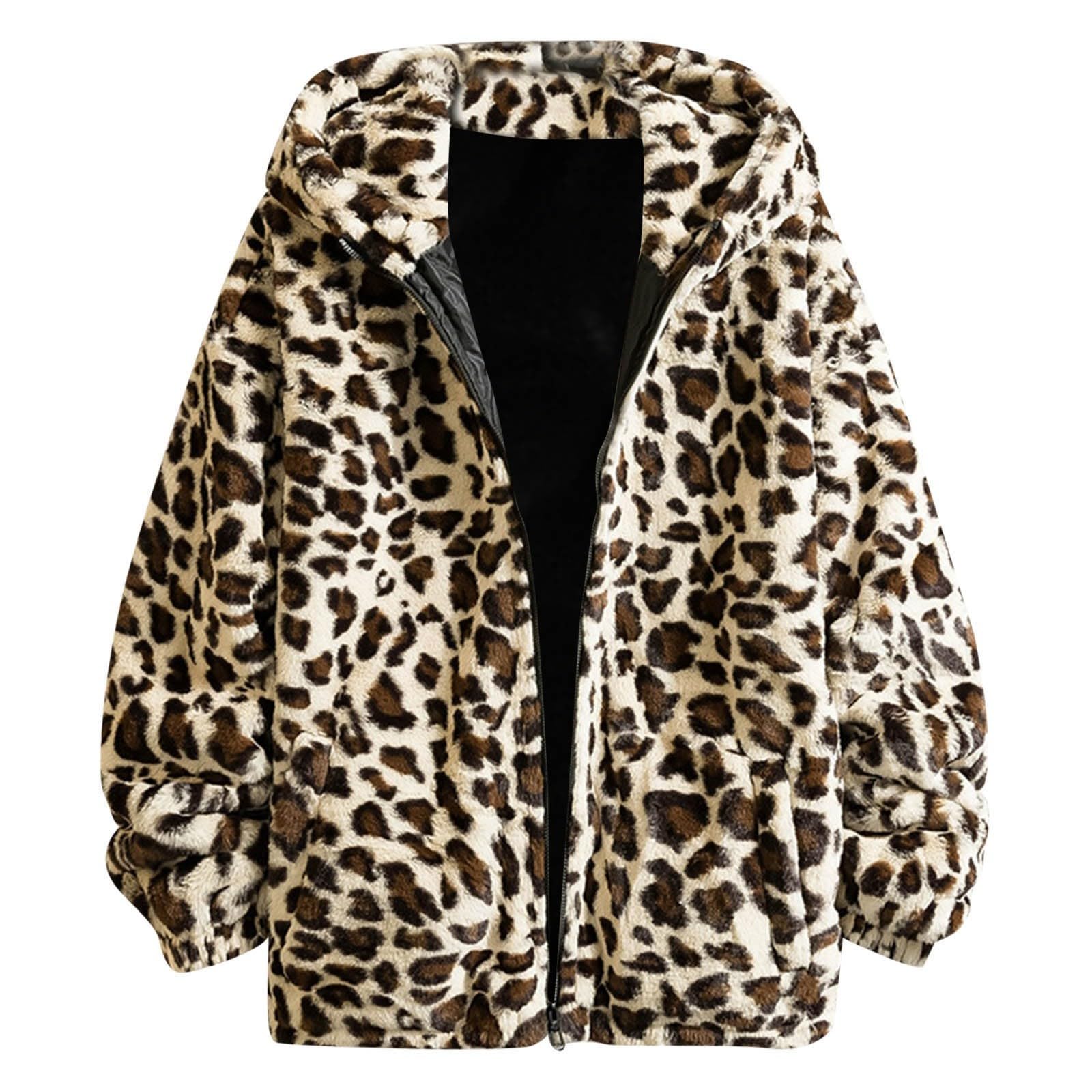 Veste A Capuche Femme Grande Taille, Womens Long Sleeve Leopard Fuzzy Fleece Zipper Hooded Jacket Coats Outerwear With Pocket Pull Plaid Polaire Noir