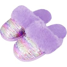 Girls Plush House Slippers Fluffy Sequin Slippers, Cute Faux Fur Slip-on Shoes Memory Foam House Slipper