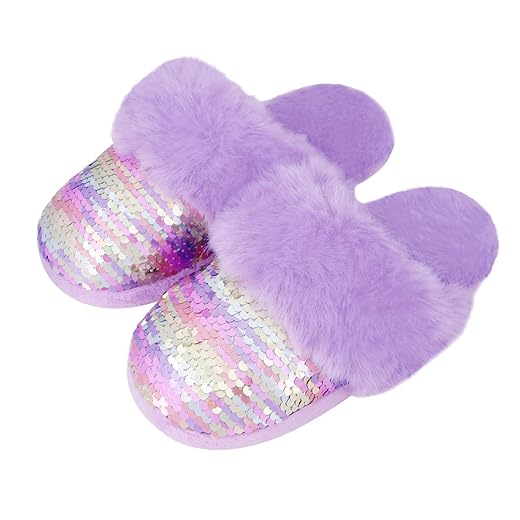 Girls Plush House Slippers Fluffy Sequin Slippers, Cute Faux Fur Slip-on Shoes Memory Foam House Slipper