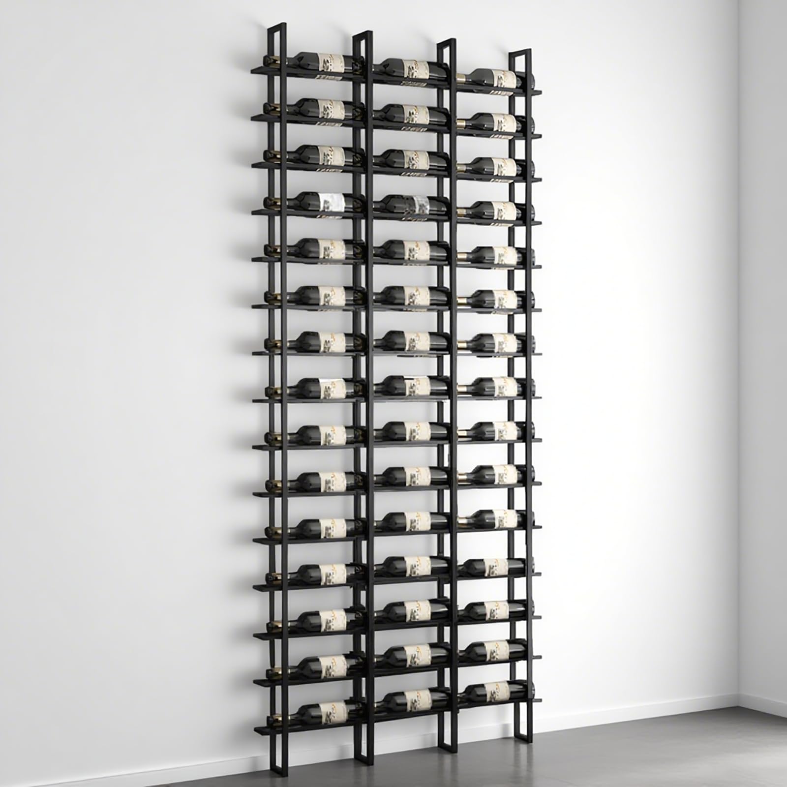 RAJYQODIS Large Wall Mount Wine Rack, Black Wine Storage Holder,16 Tier 48 Bottle Wall Hanging Metal Wine Bottle Shelf, for Commercial Restaurants Pantry Bar Wine Cellar (black, 16 Tier 48 Bottle)