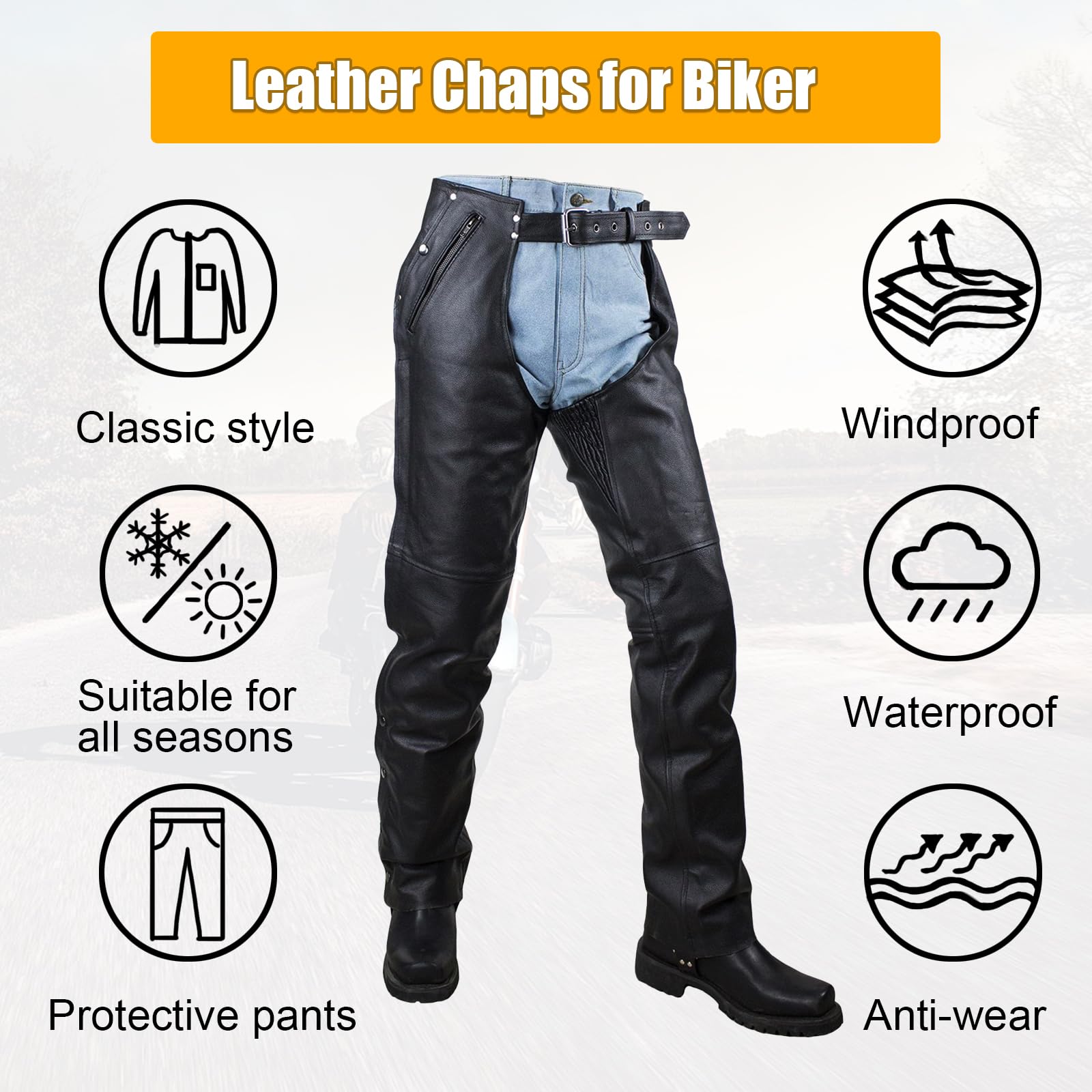 Motorrad-Leder-Chaps für Herren, Biker-Reiten, Cowboy-Chaps, schwarze Multi-Pocket-Split-Soft-Lederhose mit Reißverschluss-Futter