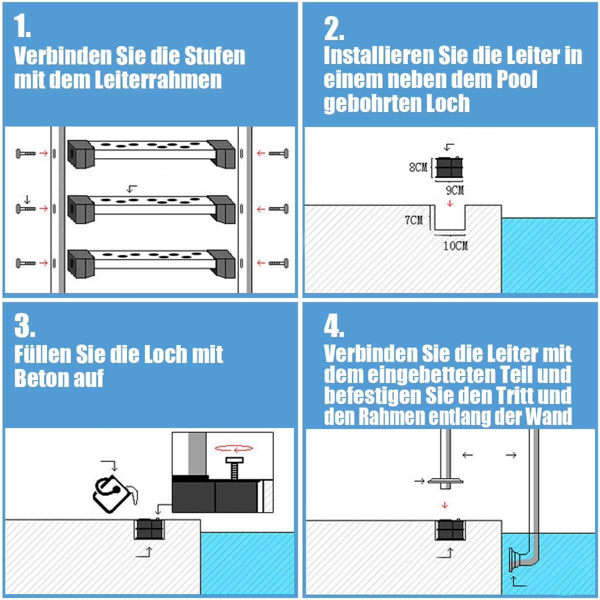 COSTWAY Edelstahl Poolleiter, Schwimmbad Leiter 3 stufig, Einstiegsleiter Silber bis 150kg belastbar, Schwimmbadleiter rutschfest, Einbauleiter 132 x 50 x 26 cm
