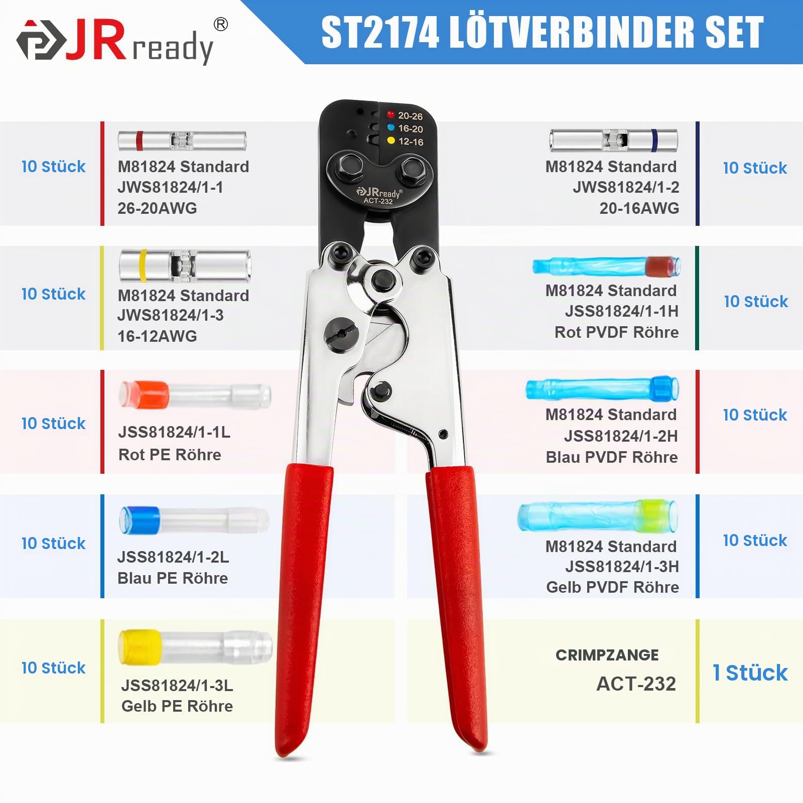 JRready ST2174 Quetschverbinder Set (M81824/1 Äquivalent), 26-12 AWG (0,14-4,0mm²) Wasserdicht IP68 Schrumpfverbinder Stoßverbinder Sortiment, mit Crimpzange Set ACT-232 (M22520/37-01), 91-teilig