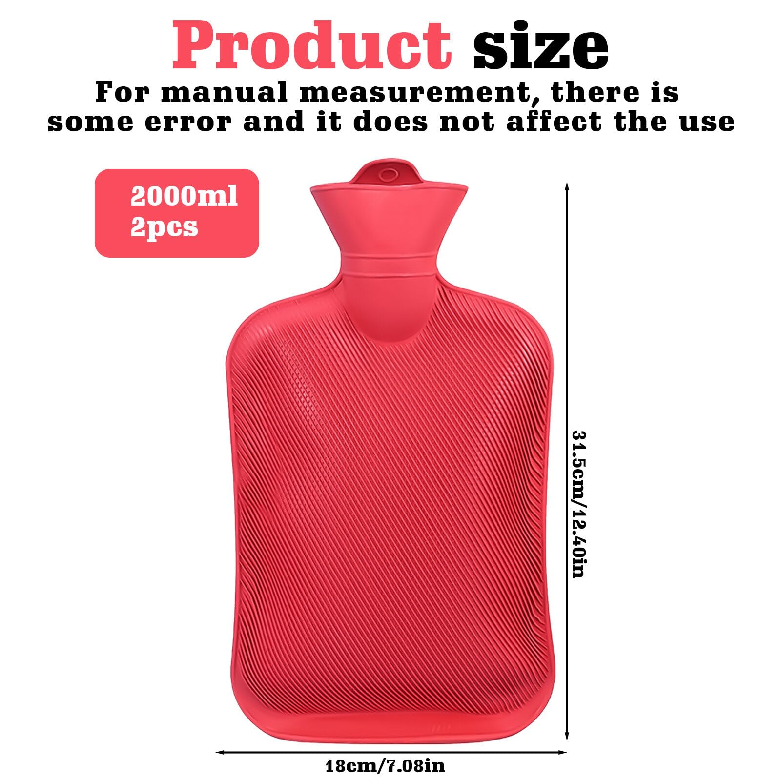 Pack de 2 botellas de agua caliente, sin funda, de caucho natural, segura y duradera, grande, 2 l, regalo para niños y adultos (rojo)