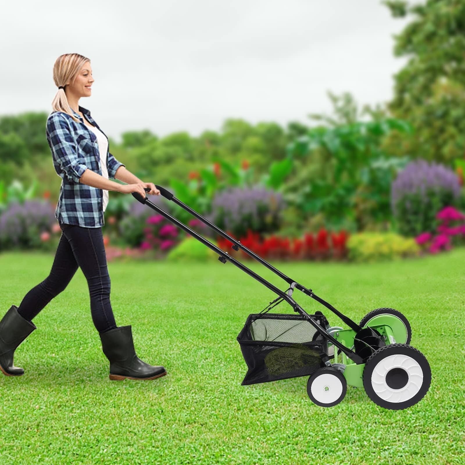 Cortacésped manual de 16 pulgadas con recogedor de césped, carrete inalámbrico de 5 cuchillas, 9 posiciones, altura ajustable, cortador de césped eficiente para un fácil cuidado del césped