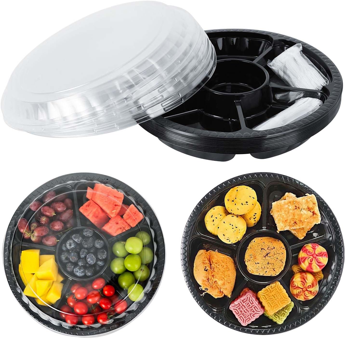 12 Pack Round Appetizer Serving Tray with Lids with Fork 6 Divided Serving Tray, Disposable Food Storage Containers, Plastic Tray Storage, Snack, Vegetable Fruit Plastic Trays for Party and Buffet
