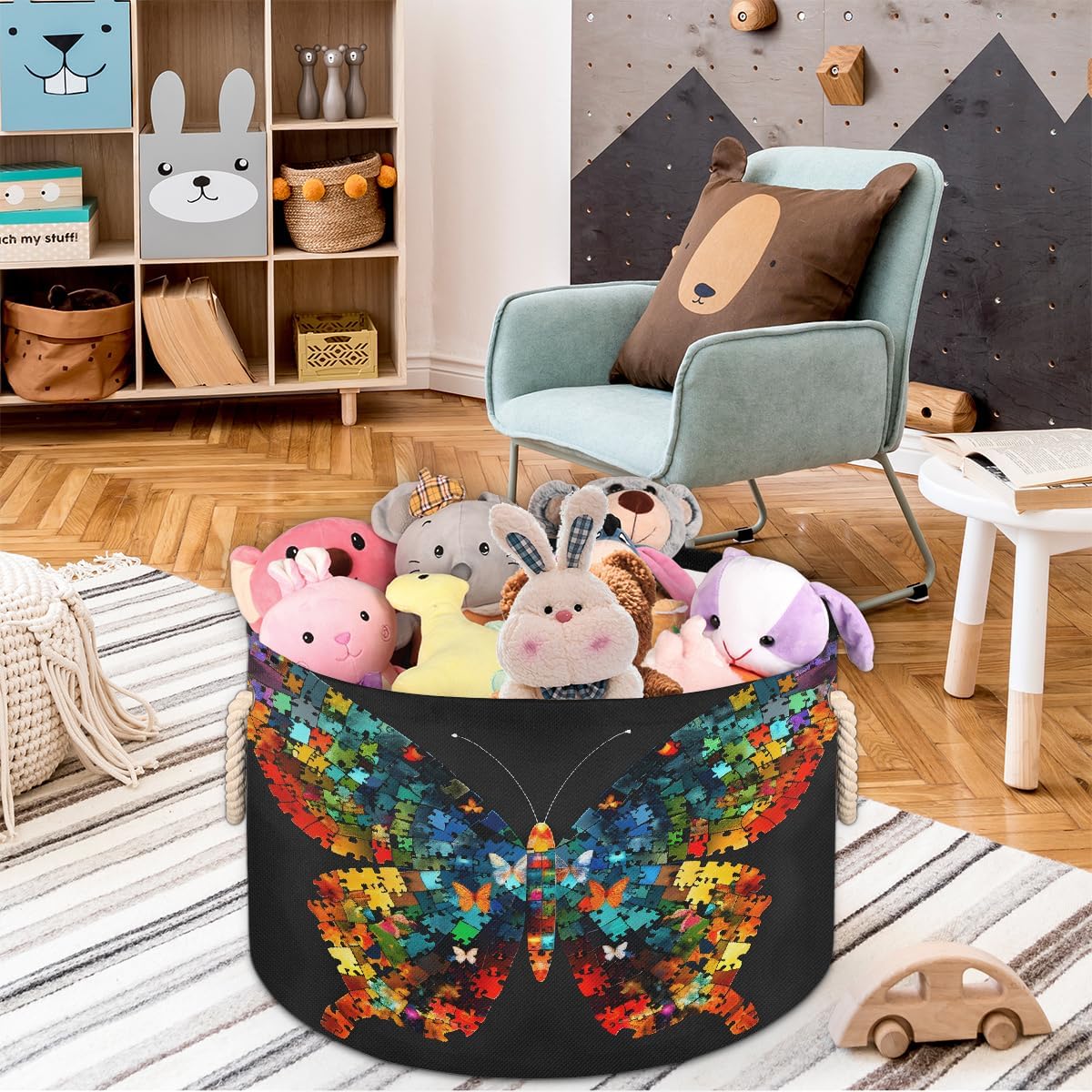 Large Round Laundry Basket Autism Rainbow Butterfly Toy Bins Organizers and Storage for Girls Canvas Collapsible Blanket Storage Basket Laundry Hamper Gift Baskets Bedroom Clothes Children Nursery
