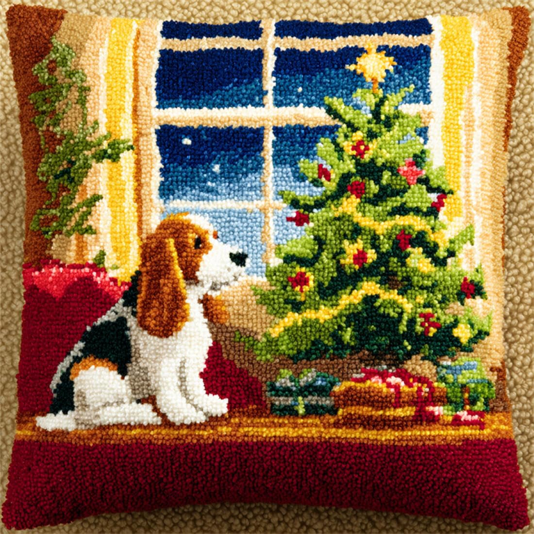 Kitquiver Animal Latch Hook Cushion Kits Basset Hounds and Christmas Trees Cushion Pillow Front Chunky Cross Stitch Kits DIY Embroidery Needlepoint Kit for Home Décor 17x17In