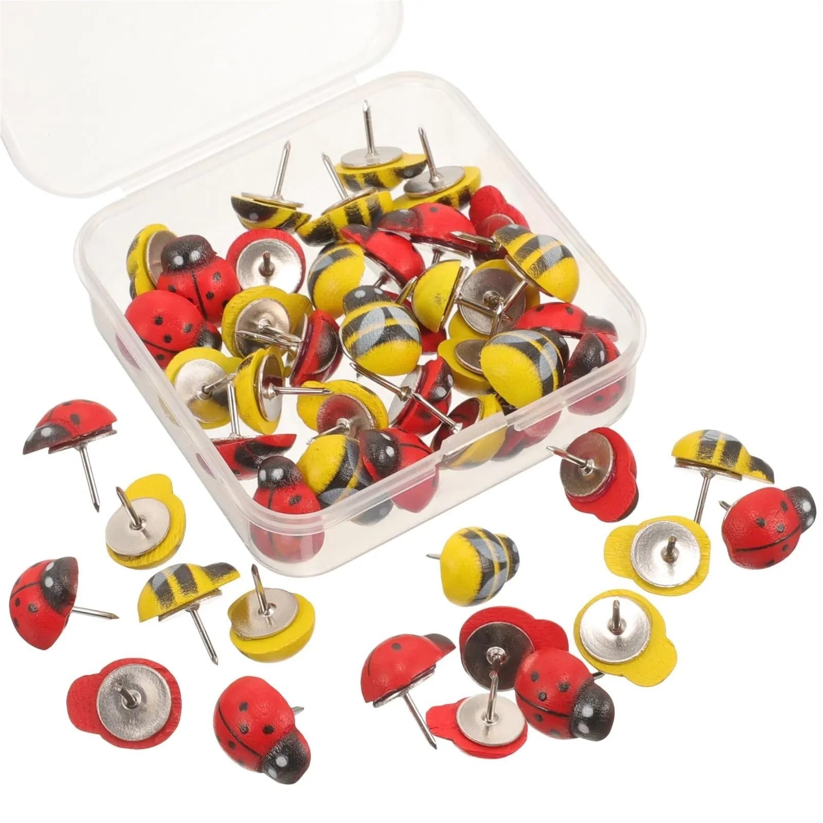 100 chinchetas de madera con diseño de mariquita de abeja para oficina, hogar, dibujos animados, accesorios de escritorio con forma de animal, para tablón de anuncios, tablero de corcho y mapa