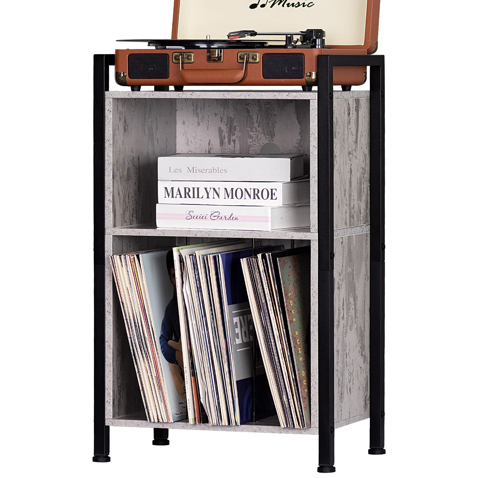 Record Player Stand, 2-Tier Vinyl Record Storage Cabinet with Metal Frame, Cube Vinyl Holder Organizer, Turntable Stand, Record Table with Handle for Living Room, Bedroom, Office- Retro Grey