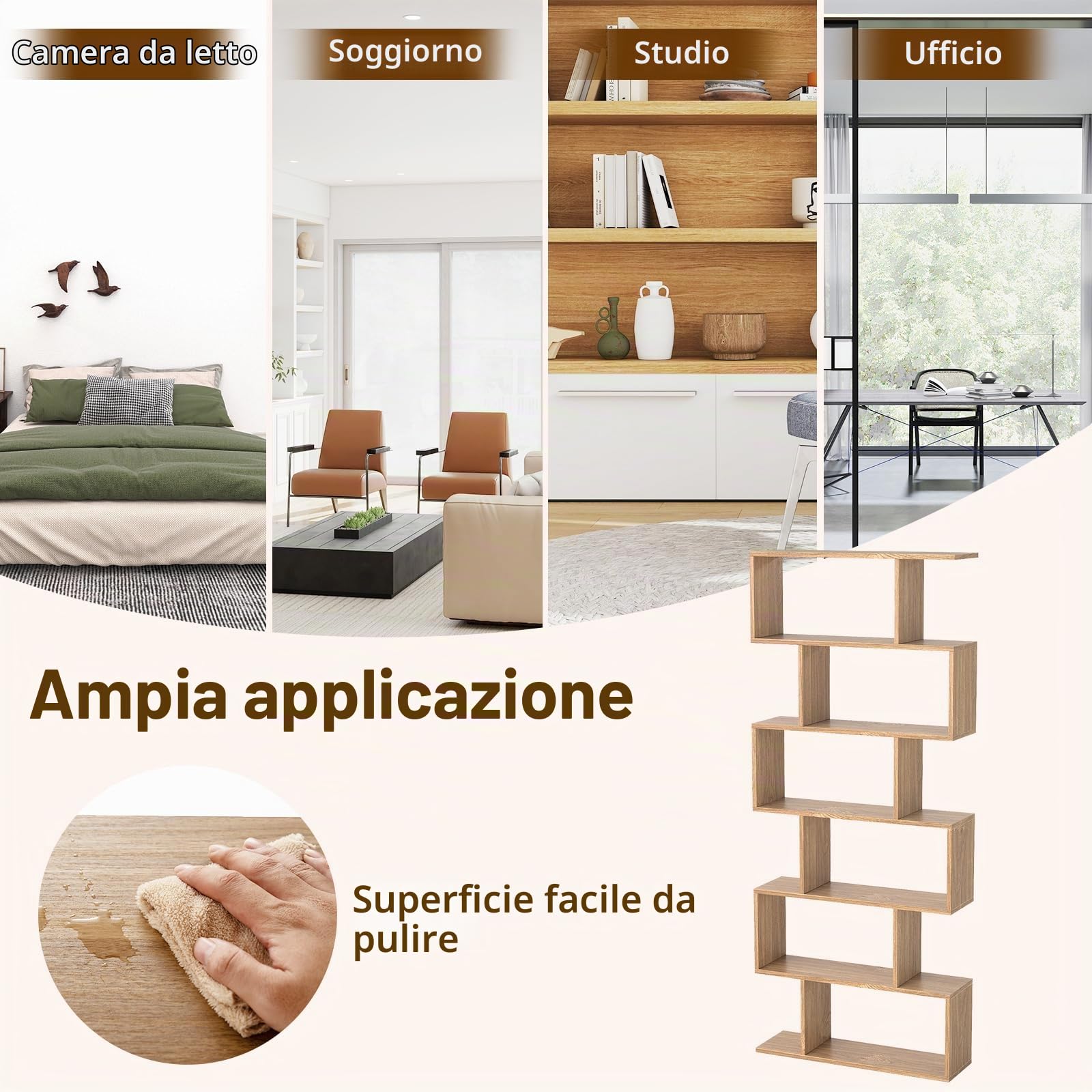 GIANTEX Libreria Scaffale a 6 Ripaini, a Forma di S, Portata di 120 kg, Scaffale Portaoggetti con 6 Cubi, Moderna e Salvaspazio, Arredo per Ufficio, Soggiorno, Biblioteca, 80x23x191 cm (Naturale)