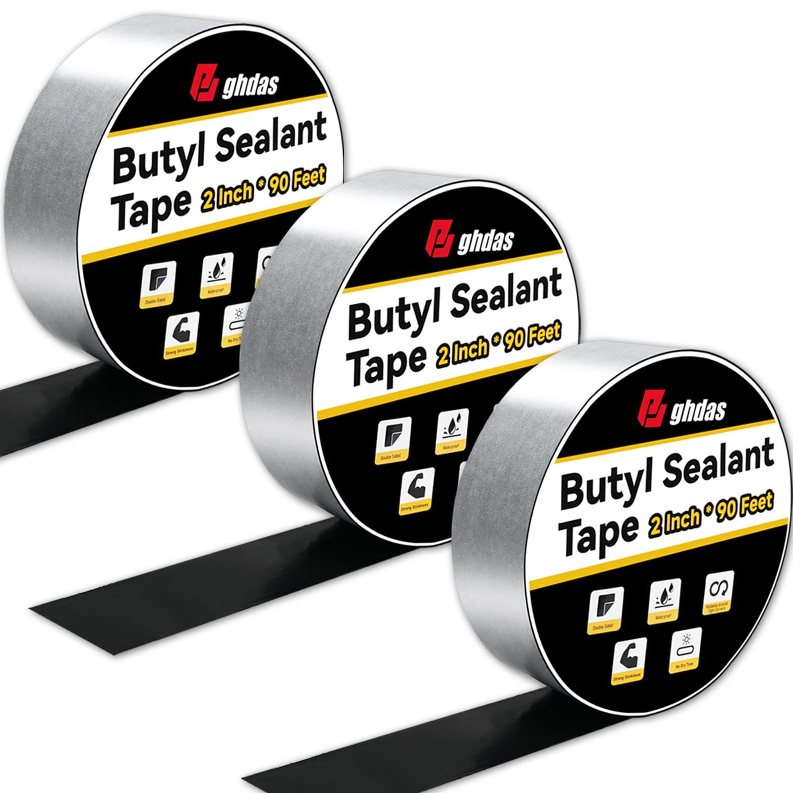 Bghdas - 3 Pack Butyl Sealant Tape 2" X 90' - Double Sided - Black Vapor Barrier Butyl Tape for Wall of Crawl Space, Rv Windows, Deck Boat, Crawlspace