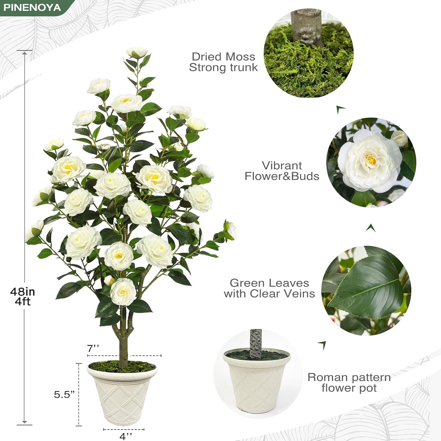 2 Pack 48’’Artificial Camellia Tree, 4FT Fake Tree Indoor with 32 Blooming Flowers in White Pot with Dried Moss,Tall Faux Floral Plant for Indoor Outdoor Home Porch Front Door Housewarming (White)