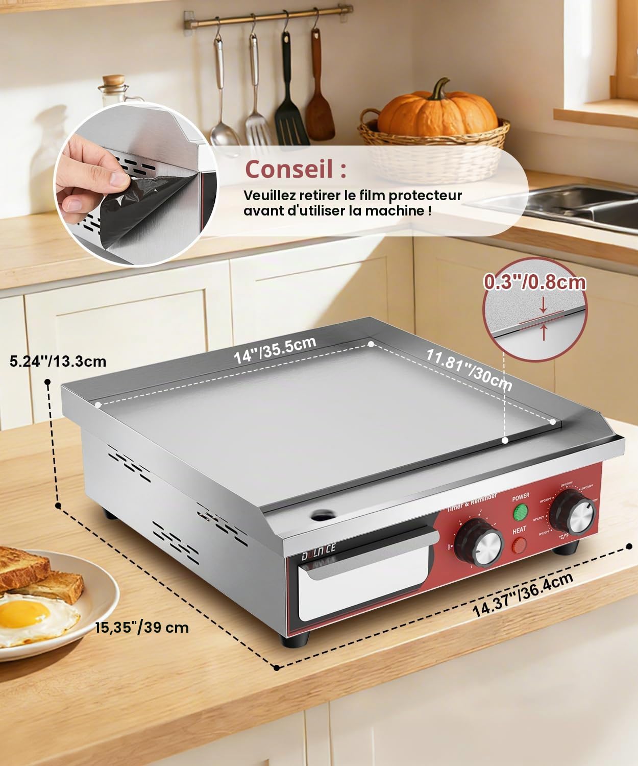 Plancha Électrique Professionnelle Inox 36cm, avec Minuterie 5min | 1700W Commerciale Plancha de Cuisson Grill Électrique, Thermostat Réglable 50-300°C, Grill de Table pour Restaurant et Maison