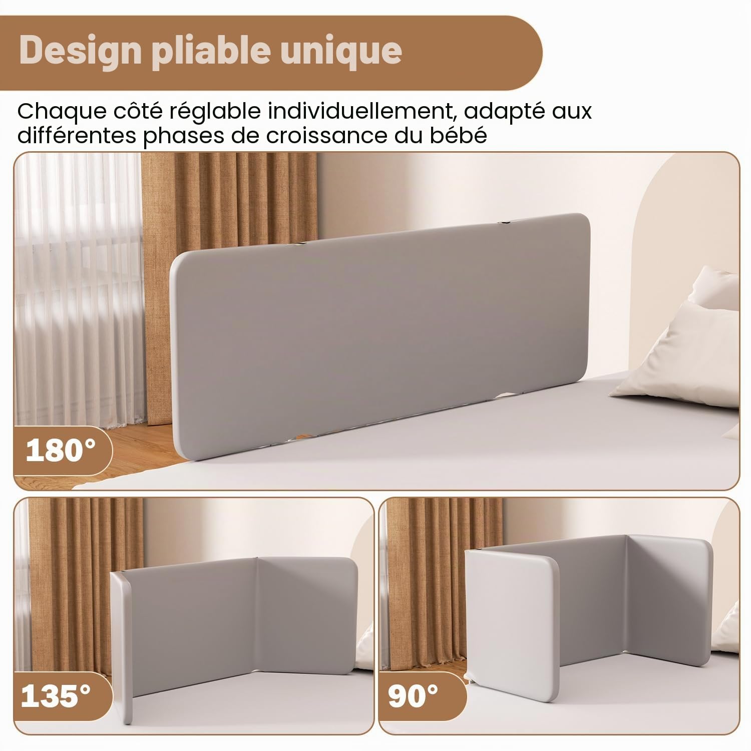 Eulenke - Barrière de lit - Réglable en hauteur - 150 cm - Protection anti-chute - Pliable - Barrière de protection de lit pour enfant - Portable - Installation simple - Gris