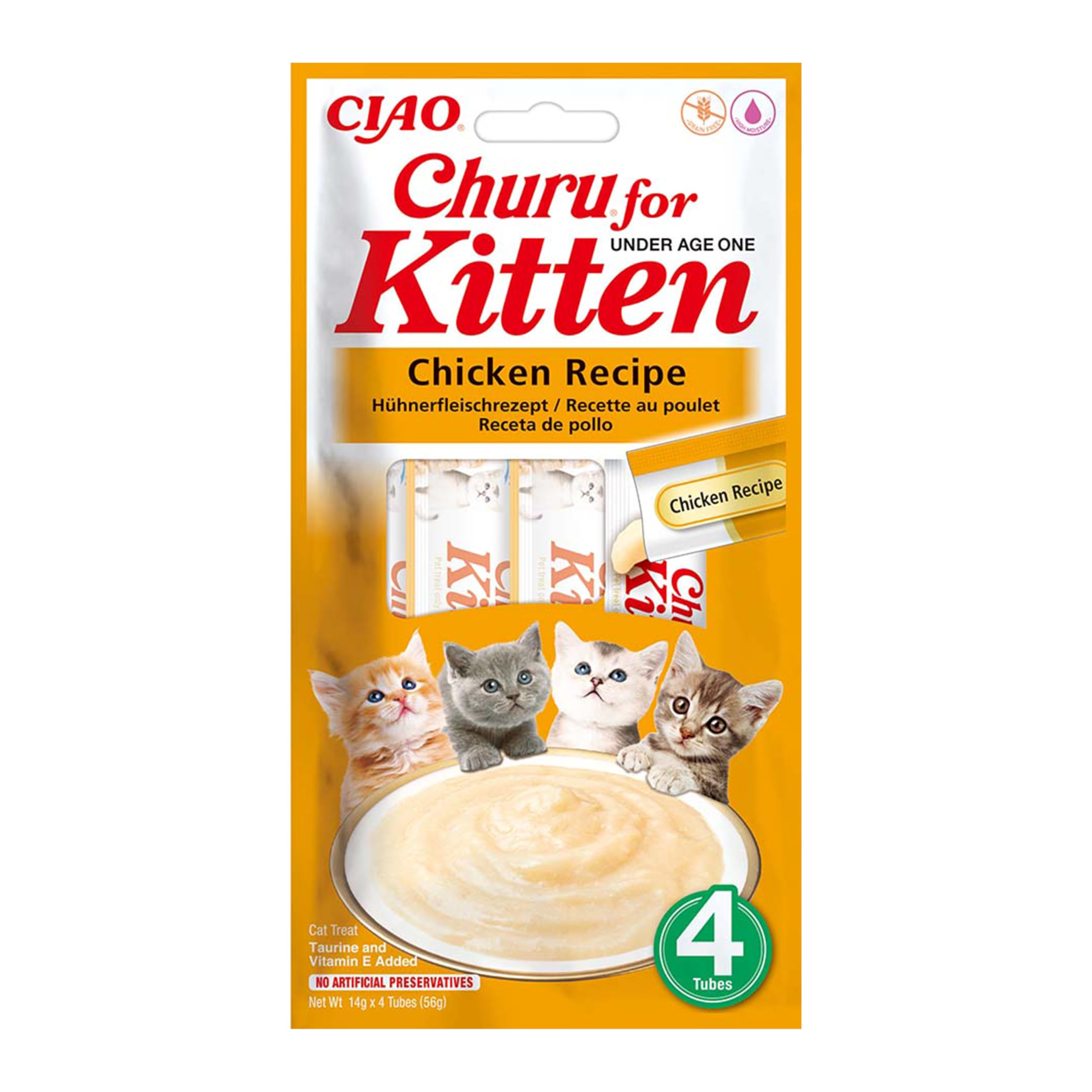 INABA Churu Kitten Gatos - Receta de Pollo - Golosinas Saludables y Naturales para Gatitos Jóvenes Menores de 12 Meses - Alto Contenido en Humedad, Textura Suave y Deliciosa - 56g (4x14g)