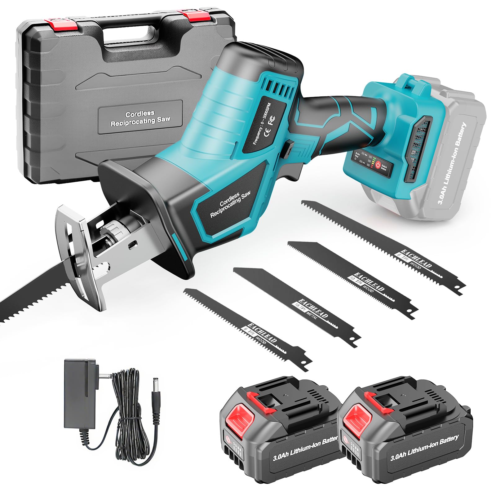 Sega a Gattuccio Batteria 21V, motore brushless velocità variabile 0-3000 SPM, sega a riccio con 2 batterie da 3.0Ah e caricatore e 4 lame per il taglio di PVC/legno/metallo