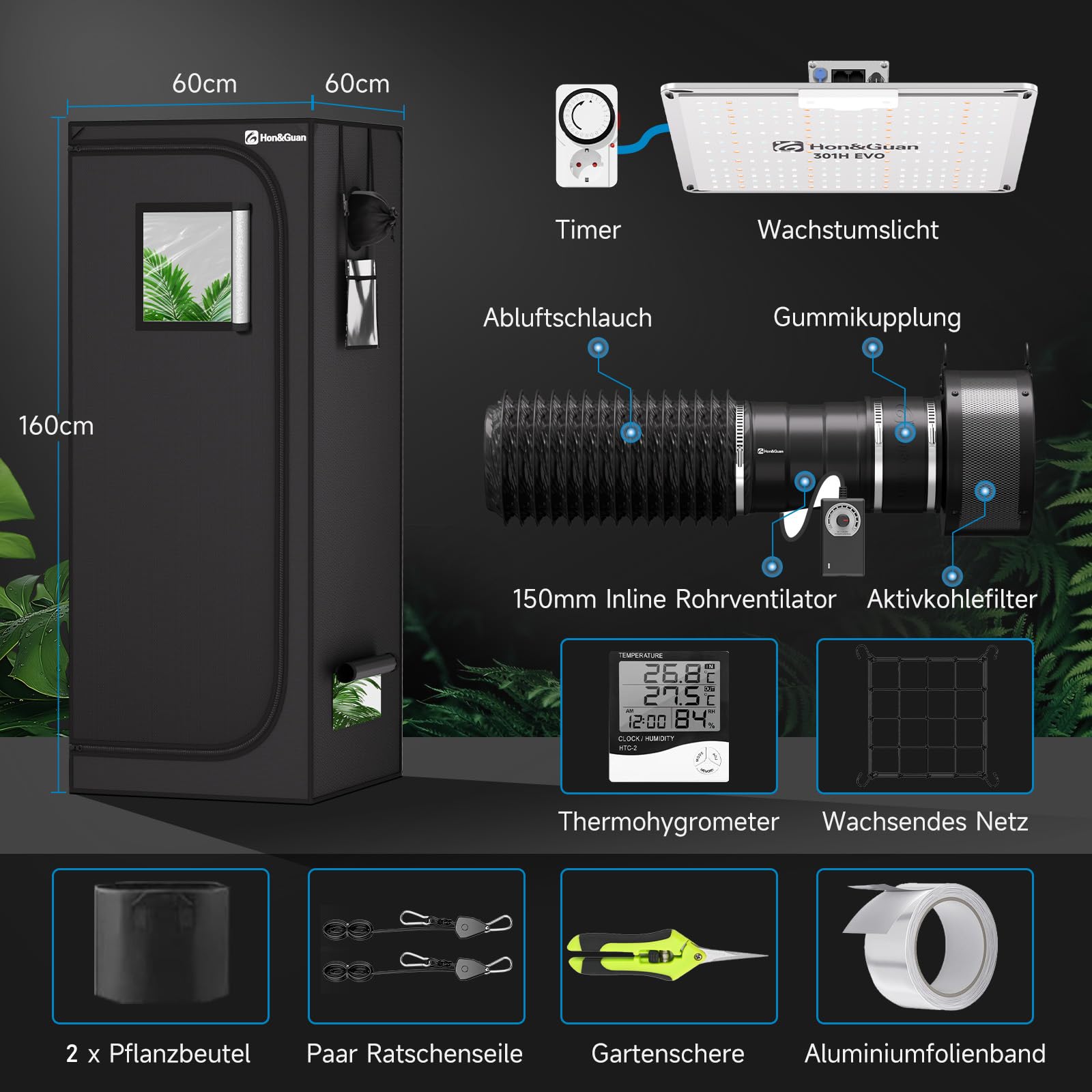 Hon&Guan Growzelt Komplettset mit HG1000 LED Grow Lampe 60x60x160cm Grow Tent 150mm Rohrventilator Aktivkohlefilter Belüftungssystem, Grow Zelt Komplettset Hydroponics Indoor Grow Set