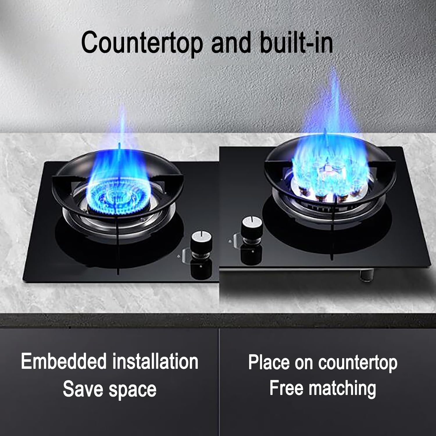 THEGA Tabletop And Flush-mounted Gas Ranges, Left 5.2KW Right 8.0KW Pulse Ignition Double Gas Stove, Gas Cooker With Flameout Protection Device And Timer Function, Easy To Clean(NG)