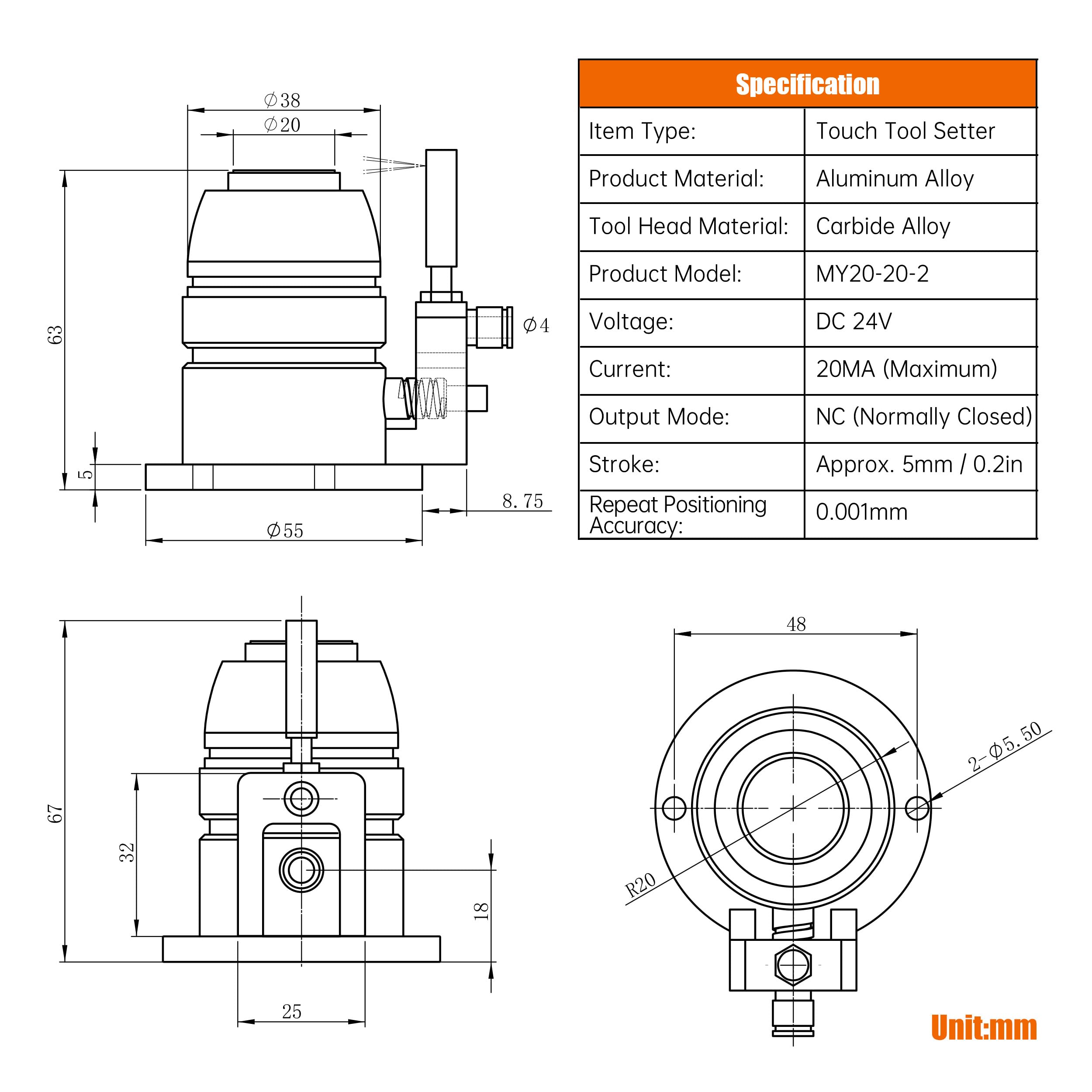 RATTMMOTOR Sensore di lunghezza dell'utensile CNC, sensore di regolazione dell'asse Z touch, ad alta precisione, strumenti di fresatura, strumento di controllo automatico per macchina di incisione di