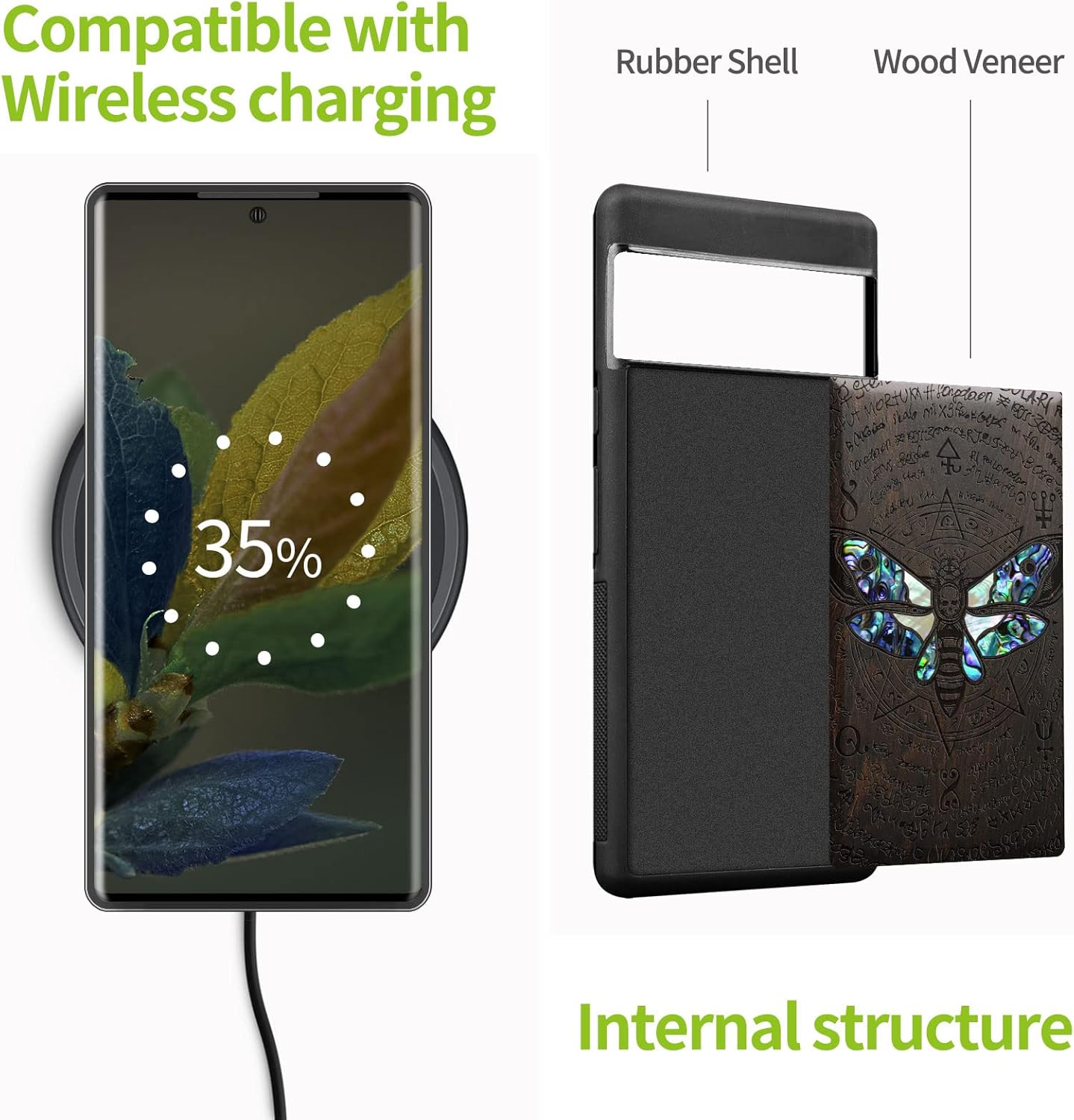 Carveit Designer Wooden Case for Google Pixel 7 Pro Case [Wood Engraving & Shell Inlay] Unique Wood Cover Compatible with Wireless Chargers Pixel 7 Pro (Death's Head Moth-Blackwood)