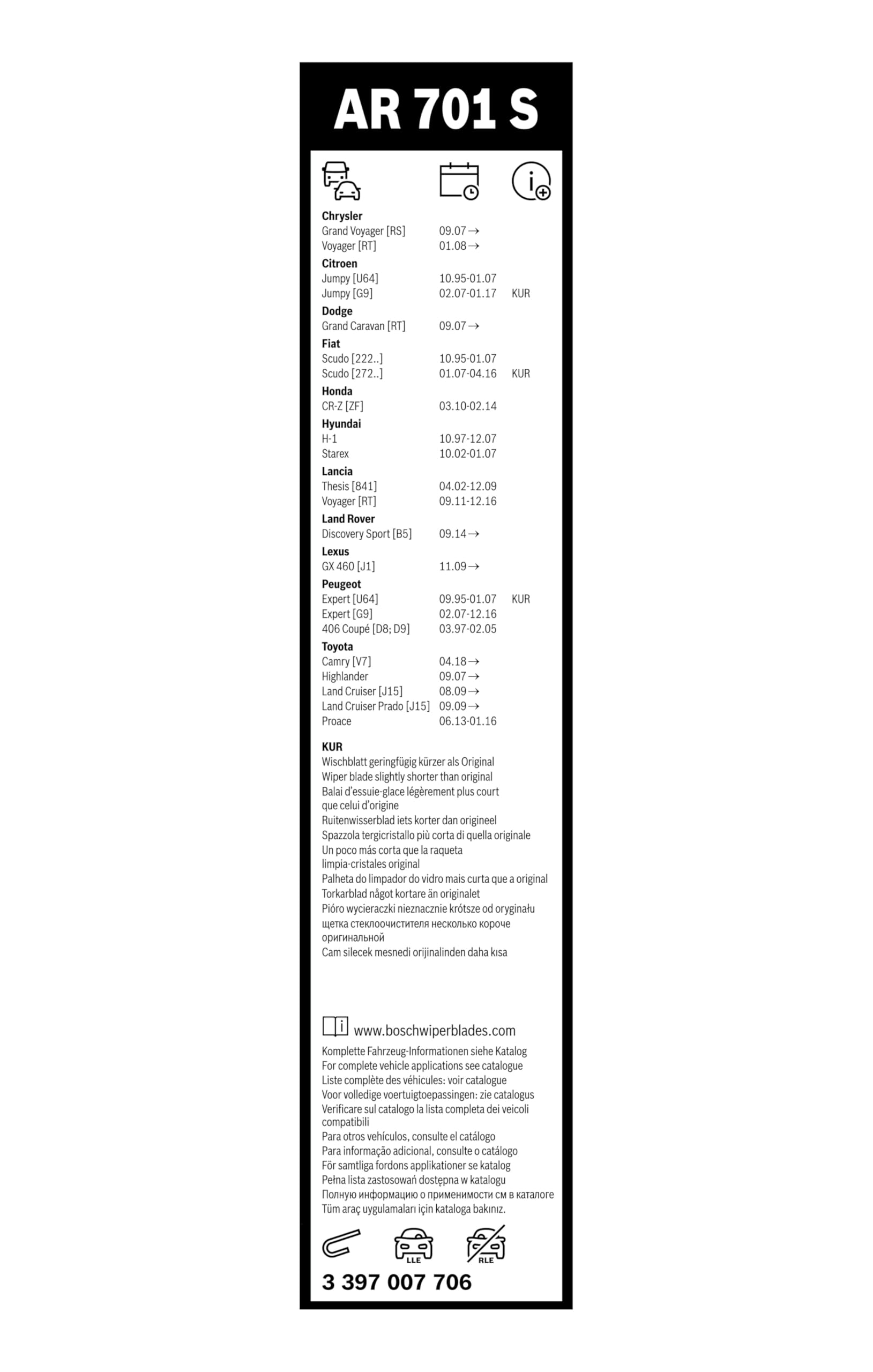 Bosch Aerotwin Retrofit Silecek Seti Hyundai H-1 Van (2000-2007), Land Rover Discovery Sport (2014-) [650/500 mm] AR701S 3397007706