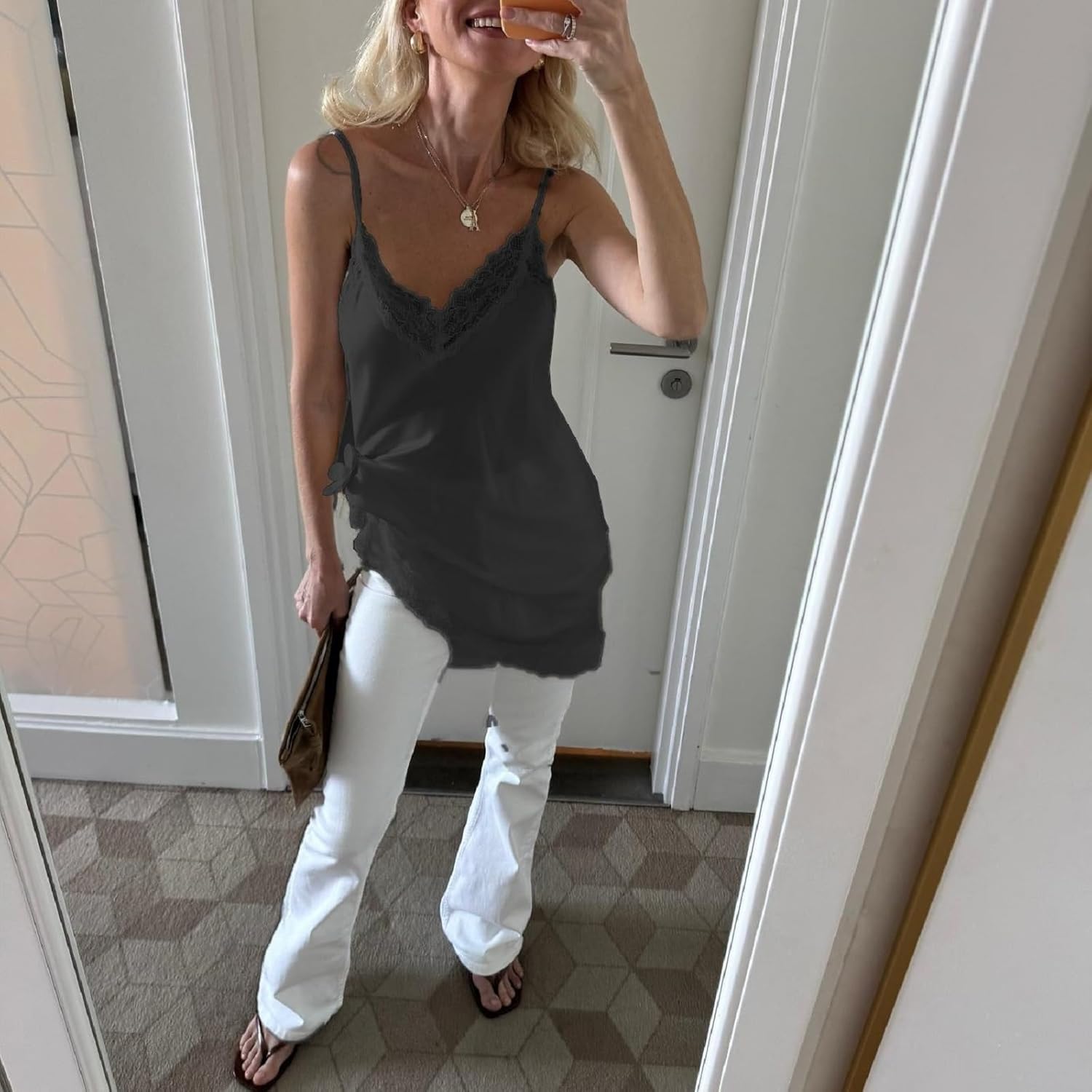 Womens Satin Lace Trim Cami Y2k Spaghetti Strap Silk Lace Tank Top Asymmetrical Flowy Silky Layering Camisole - Image 3