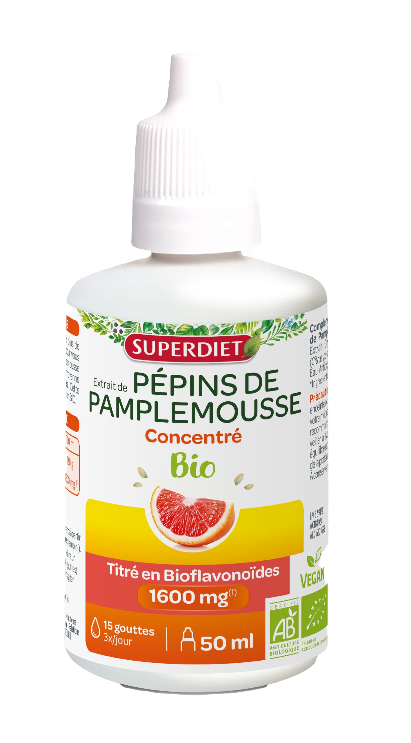 SUPERDIET- EXTRAIT DE PÉPINS DE PAMPLEMOUSSE BIO- Titré en flavonoïdes à 1600MG -Vitalité- Sans alcool - Flacon compte-goutte de 50 ml